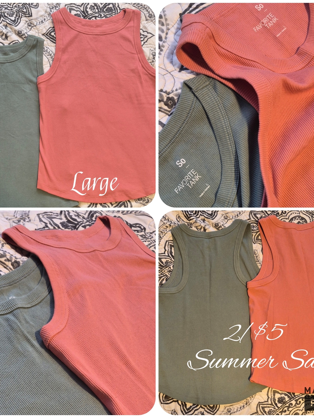 SO Ribbed Tank Tops in Coral and Olive - Large